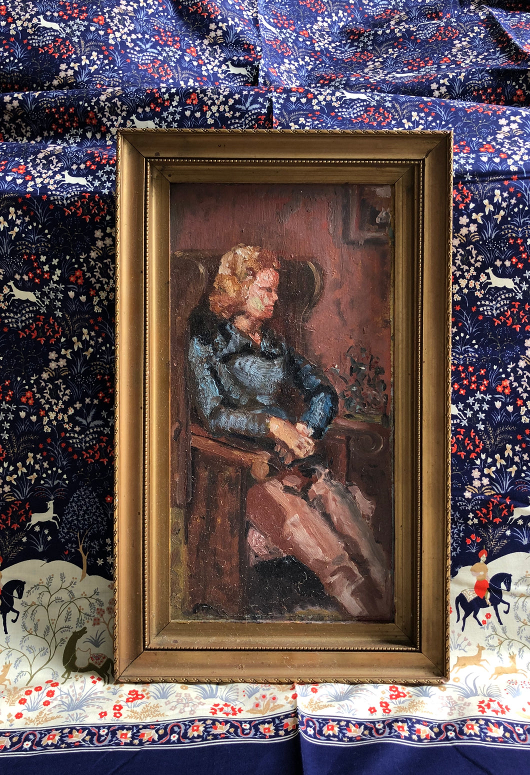 seated lady midcentury oil painting