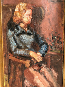 seated lady midcentury oil painting